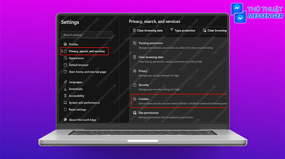 Bước 2: Chọn Privacy, search, and services > Cookies.