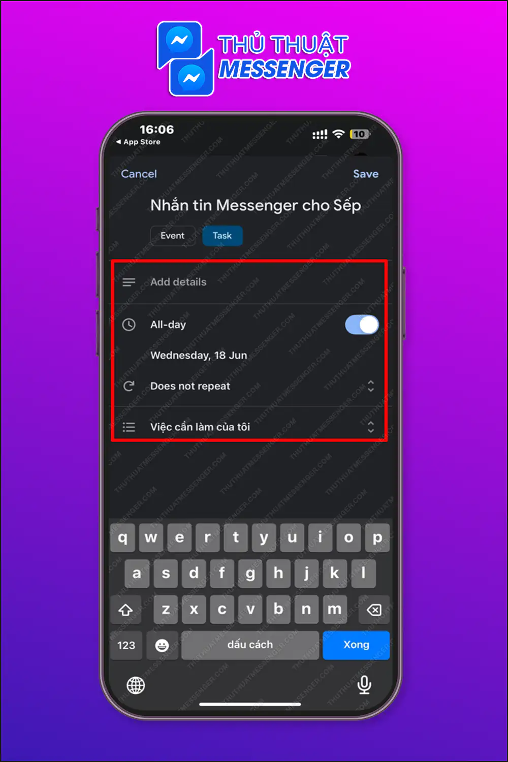 Bước 2: Nhập các thông tin liên quan như nội dung cần nhắc, thêm chi tiết, chọn thời gian nhắc,... > Chọn Lưu.