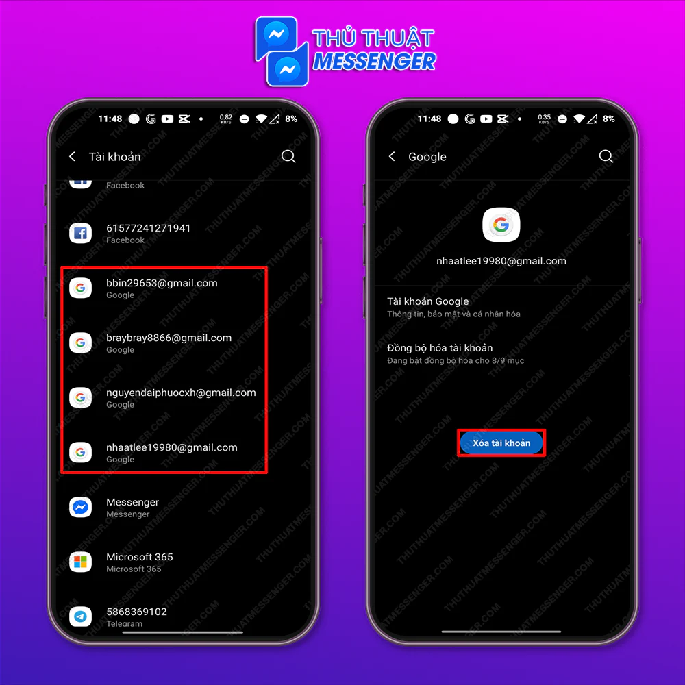 Bước 2: Chọn tài khoản Google > Nhấn Xóa tài khoản.