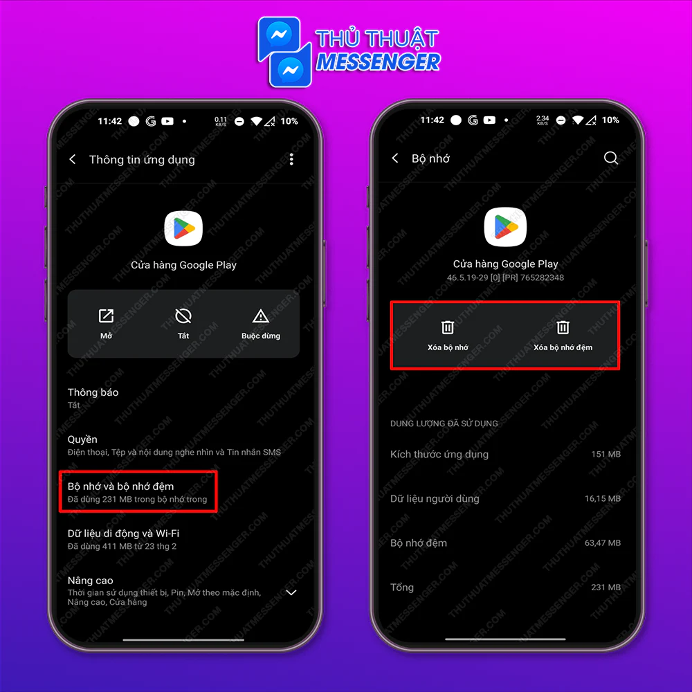 Bước 2: Nhấn Bộ nhớ và bộ nhớ đệm > Chọn Xóa bộ nhớ hoặc Xóa bộ nhớ đệm.