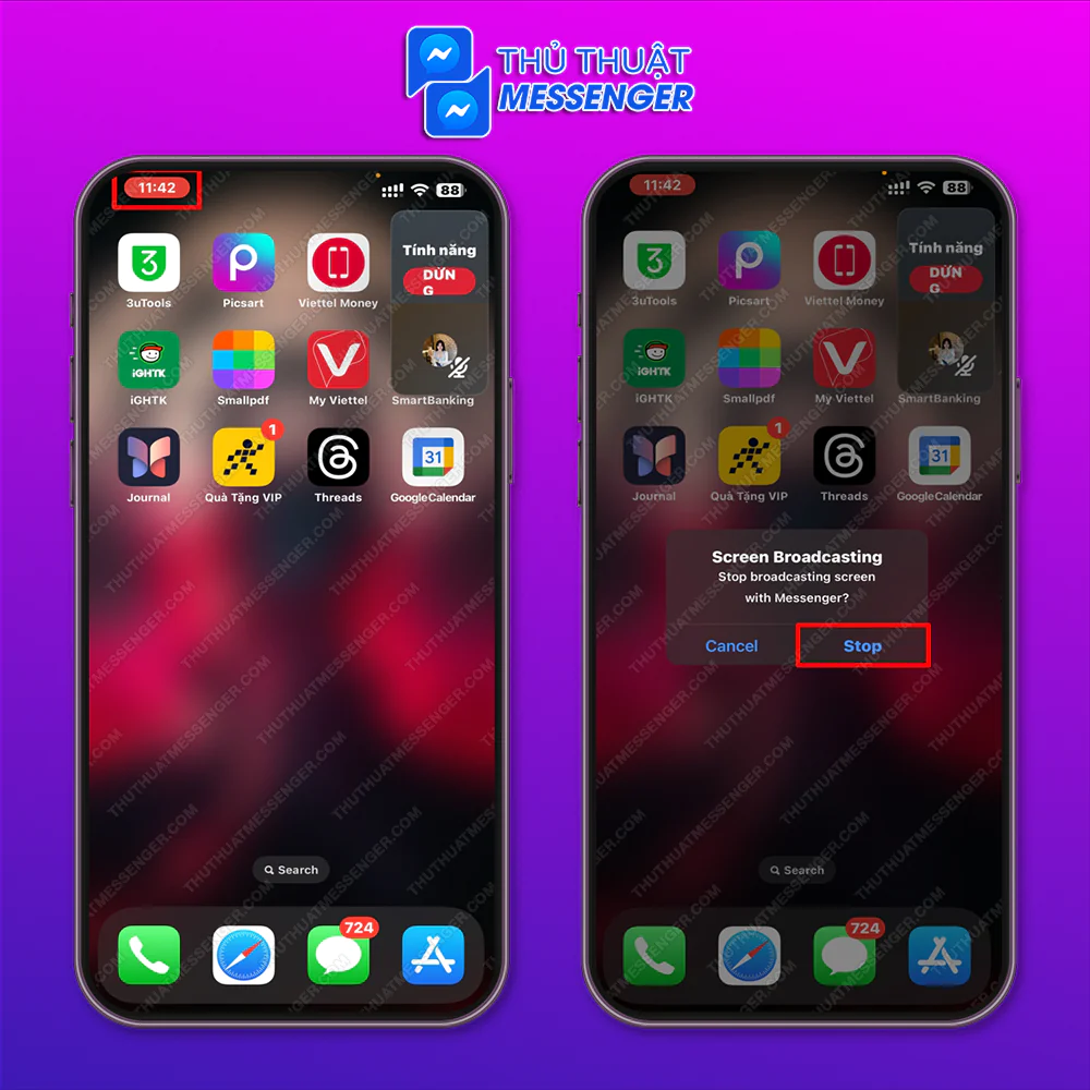 Bước 3: Nhấn chọn vào phần màu đỏ bên trái > Dừng.