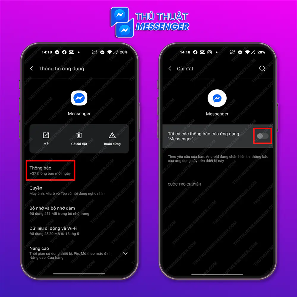 Bước 3: Chọn “Thông báo” > Gạt tắt thông báo tại mục “Tất cả thông báo của ứng dụng messenger.