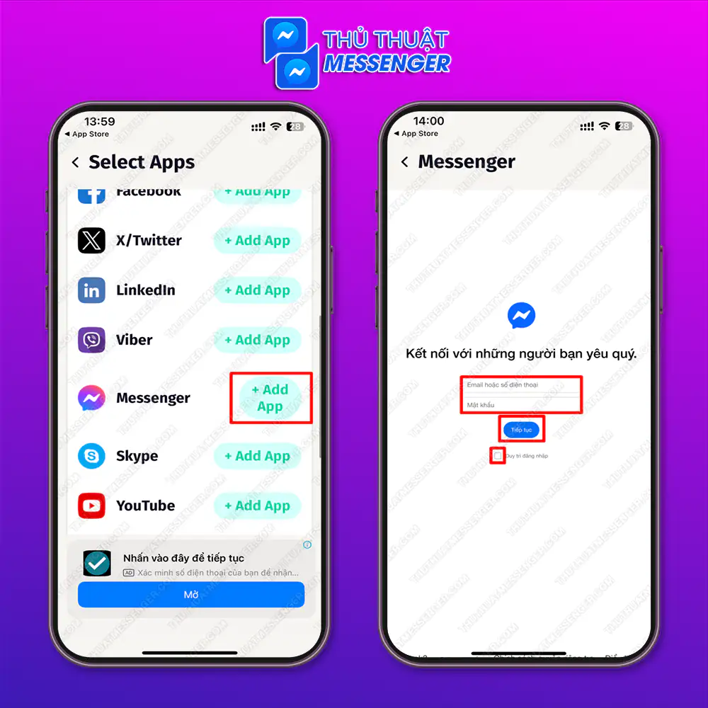 Bước 3: Tại ứng dụng messenger chọn “Add App” > Điền tài khoản, mật khẩu > Rồi bạn đăng nhập bình thường.