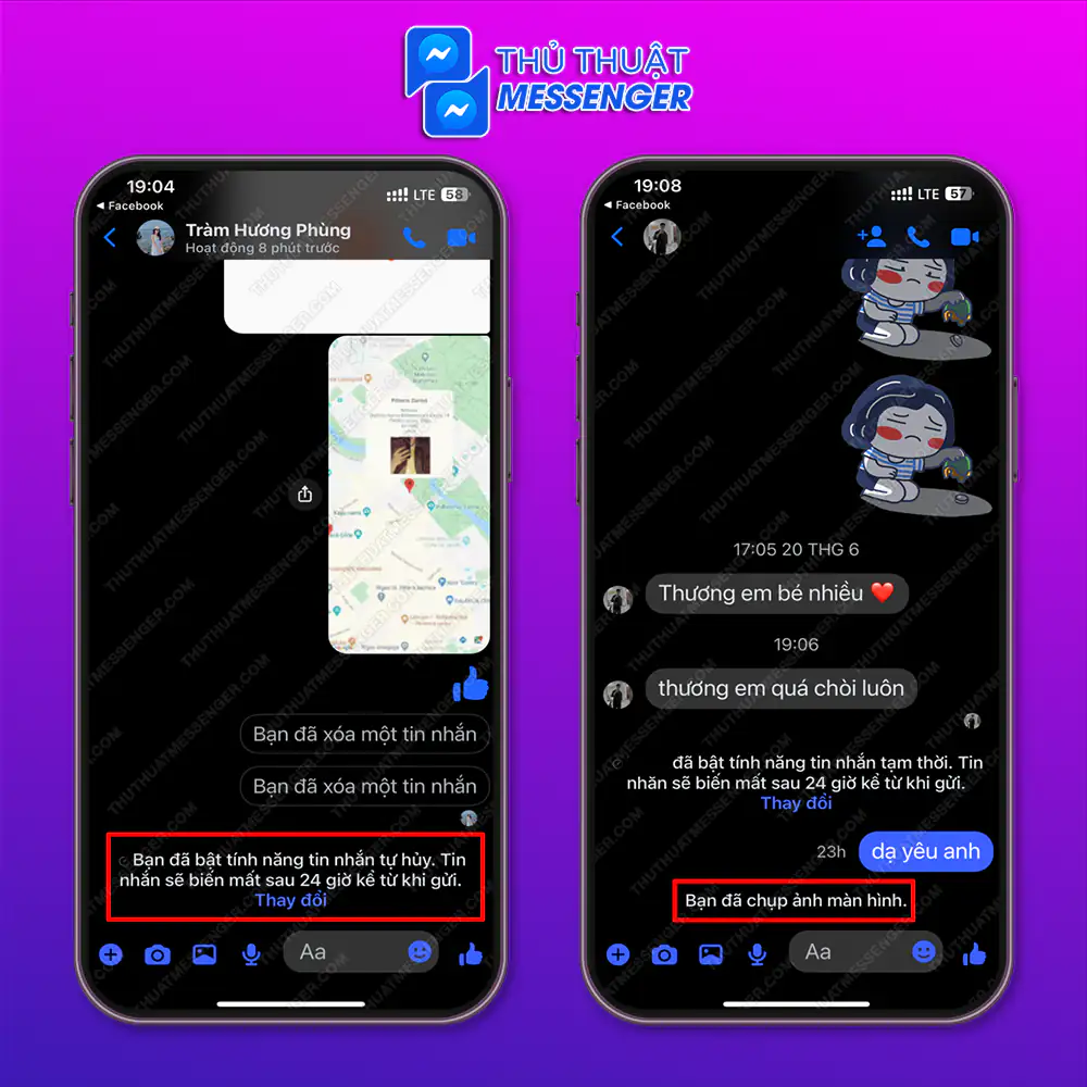 Bước 3: Thông báo “Tin nhắn tự hủy” đã được bật > Sau khi bạn chụp màn hình messenger sẽ hiện thông báo lên.