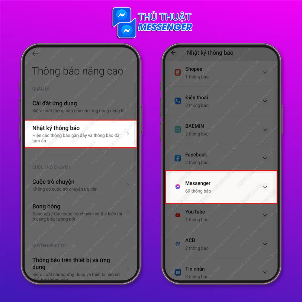 Bước 3: Để xem tin nhắn đã thu hồi, bạn vào mục Nhật ký thông báo và nhớ bật công tắc "Sử dụng nhật ký thông báo" lên.
