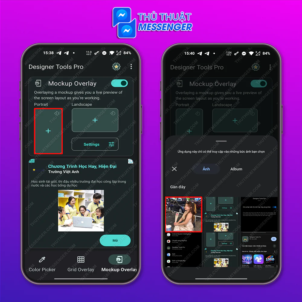 Bước 3: Chọn “Biểu tượng dấu +” để chọn ảnh nền messenger > Chọn ảnh bạn yêu thích để làm ảnh nền messenger.