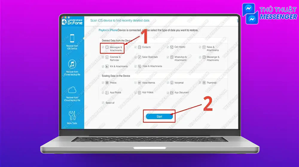Bước 3: Chọn Messages & Attachments > Chọn Start và chờ cho phần mềm quét.