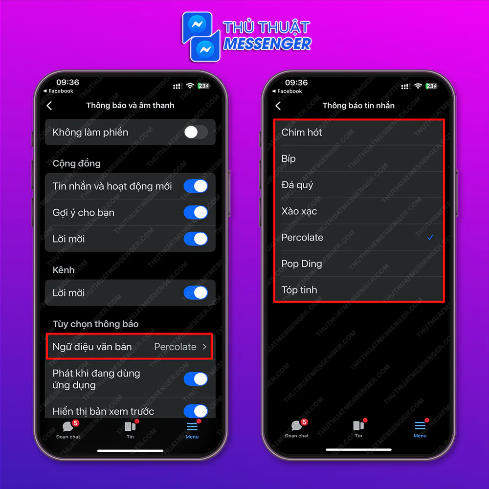 Bước 3: Chọn “Ngữ Điệu Văn Bản”> Chọn âm thanh thông báo messenger mà bạn yêu thích nha.