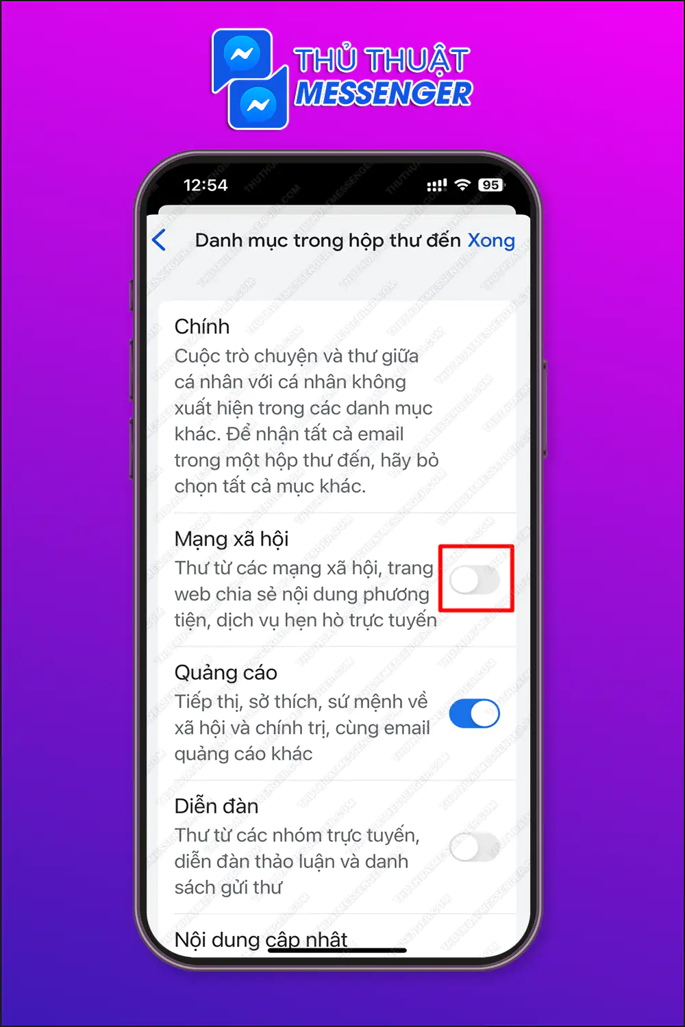 Bước 3: Gạt tắt mục “Mạng xã hội” là xong cách tắt thông báo messenger trên gmail trên điện thoại nha.