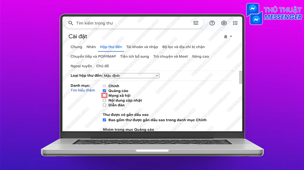 Bước 3: Bỏ tích ngay mục “Mạng xã hội” vậy là bạn đã hoàn thành cách tắt thông báo messenger trên gmail trên máy tính.