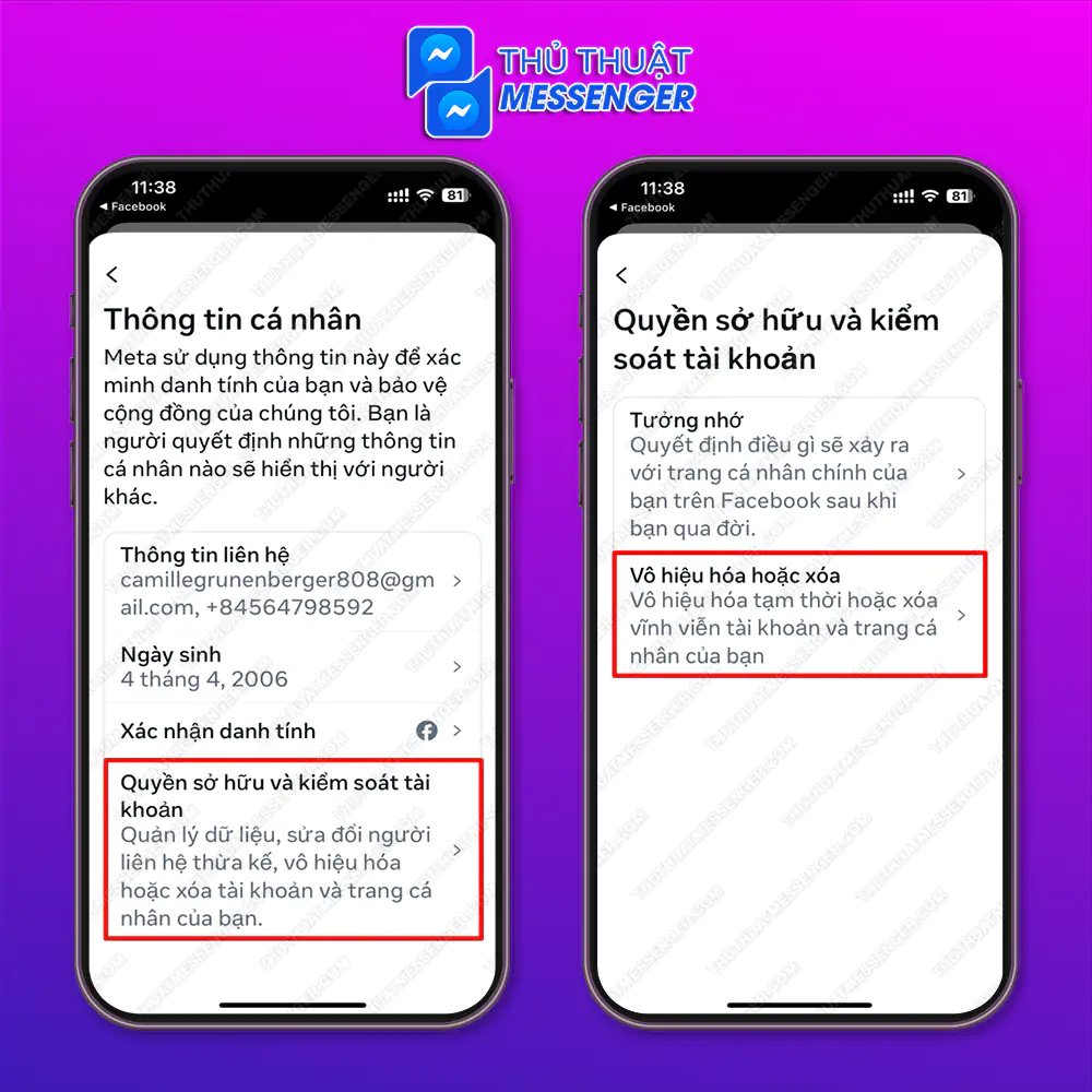 Bước 3: Chọn “Quyền sở hữu và kiểm soát tài khoản” > Chọn “Vô hiệu hóa hoặc xóa”.