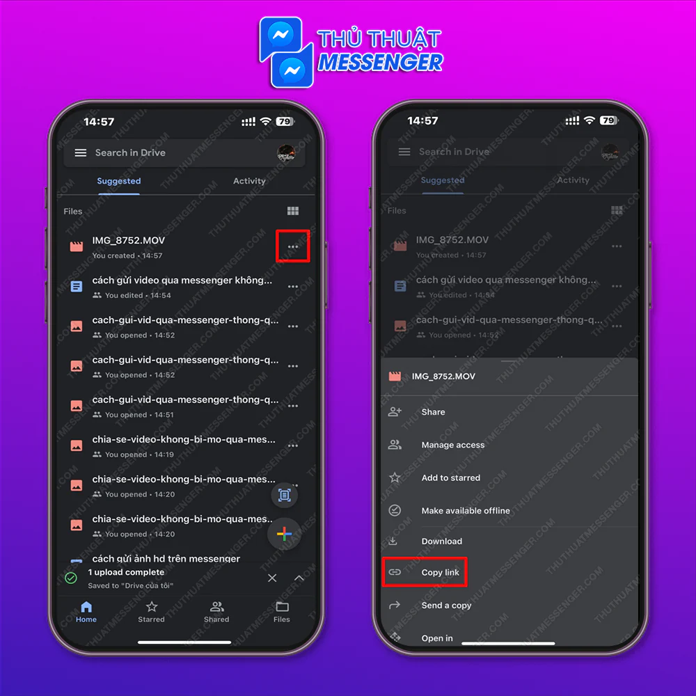 Bước 3: Nhấn biểu tượng 3 chấm của video > Sao chép đường dẫn rồi nhắn cho bạn bè bên Messenger.