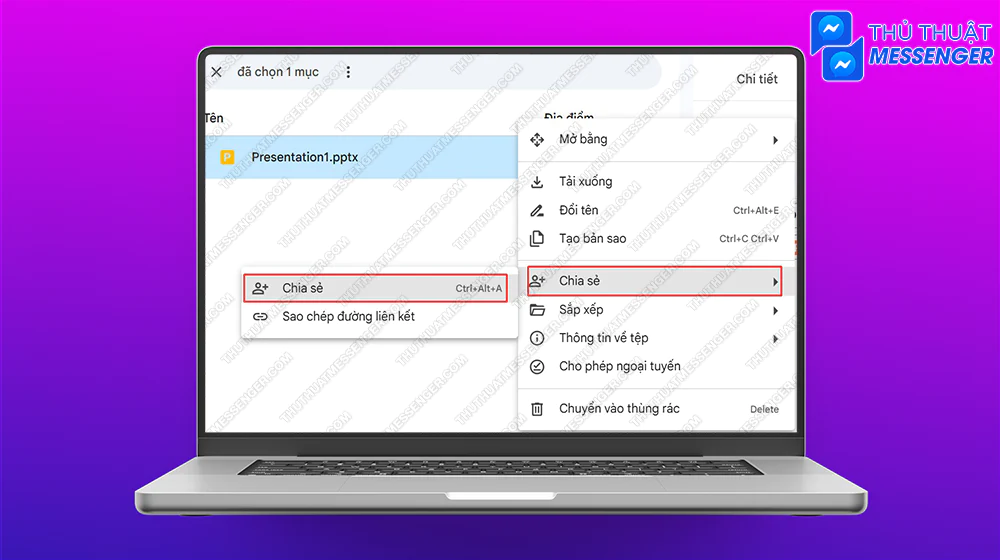 Bước 3: Nhấn vào tệp vừa tải lên > Chuột phải > Chọn Chia sẻ > Chọn Chia sẻ.