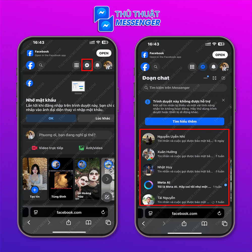 Bước 3: Chọn biểu tượng Messenger > Chọn người muốn nhắn để bắt đầu trò chuyện.