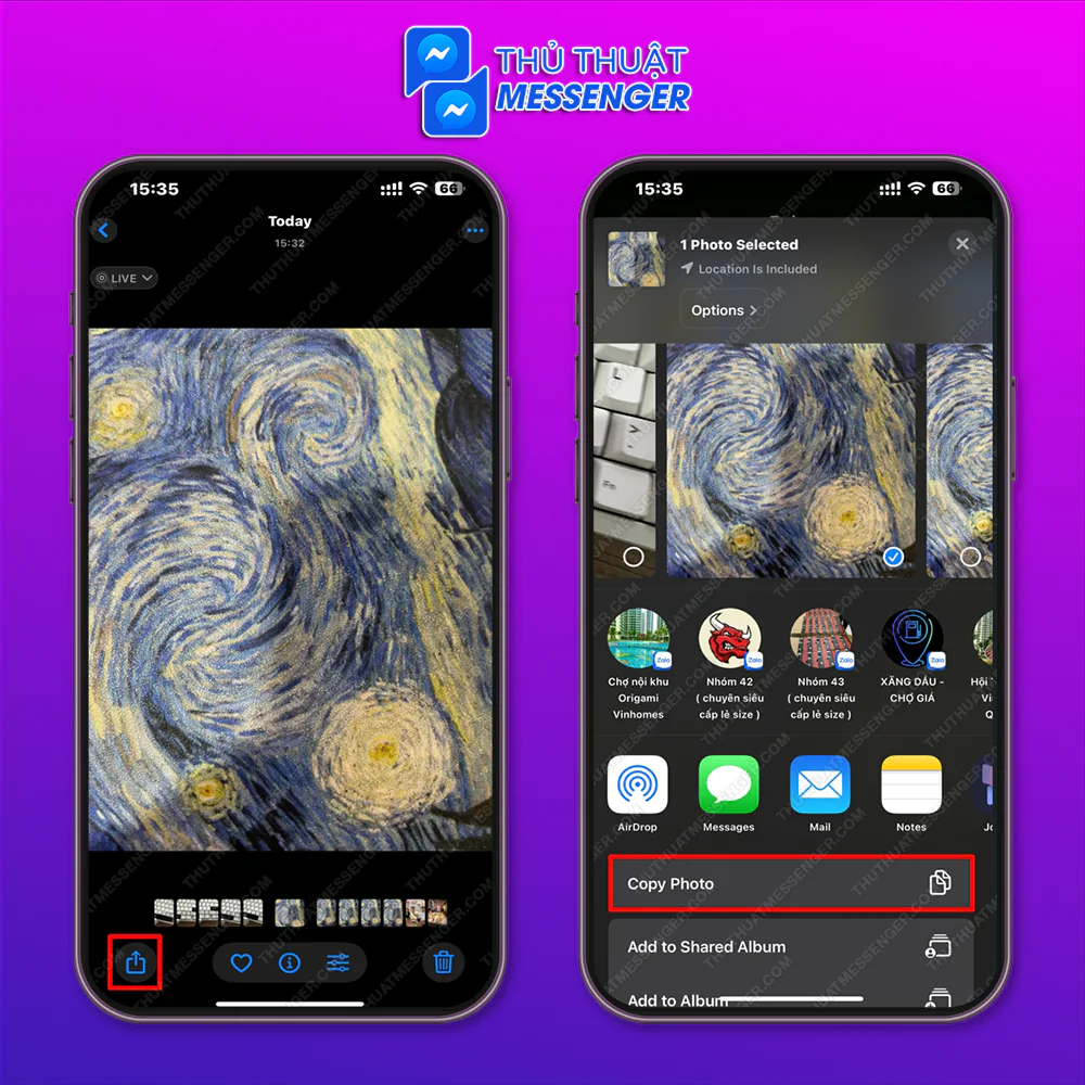 Bước 3: Chọn vào chia sẻ > Chọn sao chép ảnh.