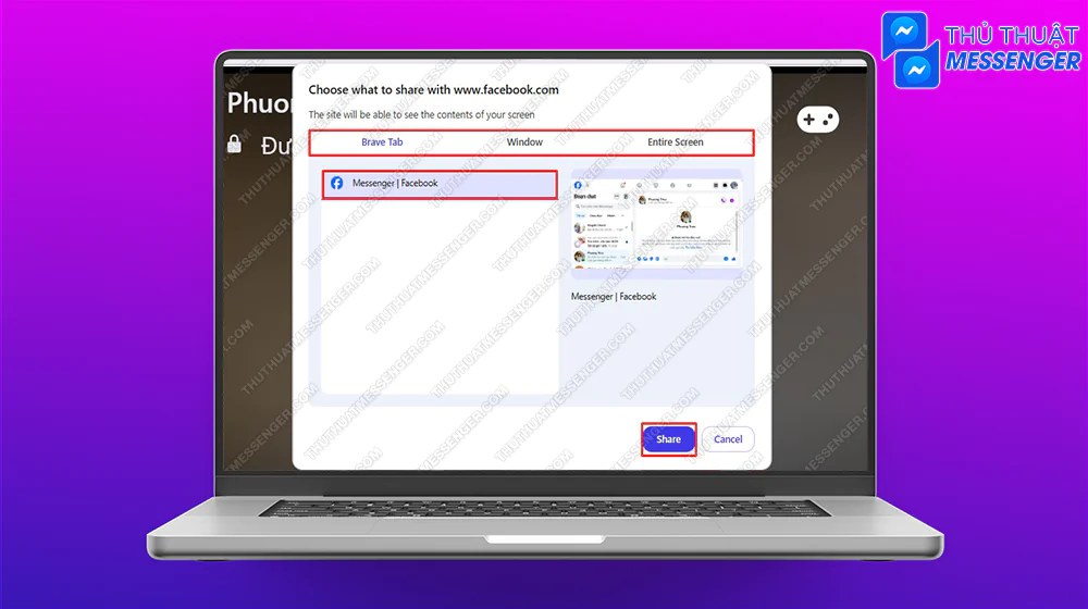 Bước 3: Chọn hình thức chia sẻ (cửa sổ đang dùng, màn hình Window hoặc toàn màn hình) > Chọn các cửa sổ tương ứng > Chia sẻ.