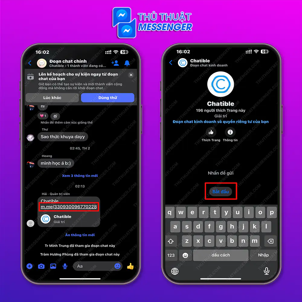 Bước 3: Chọn URL có dạng m.me > Nhấn Bắt đầu.