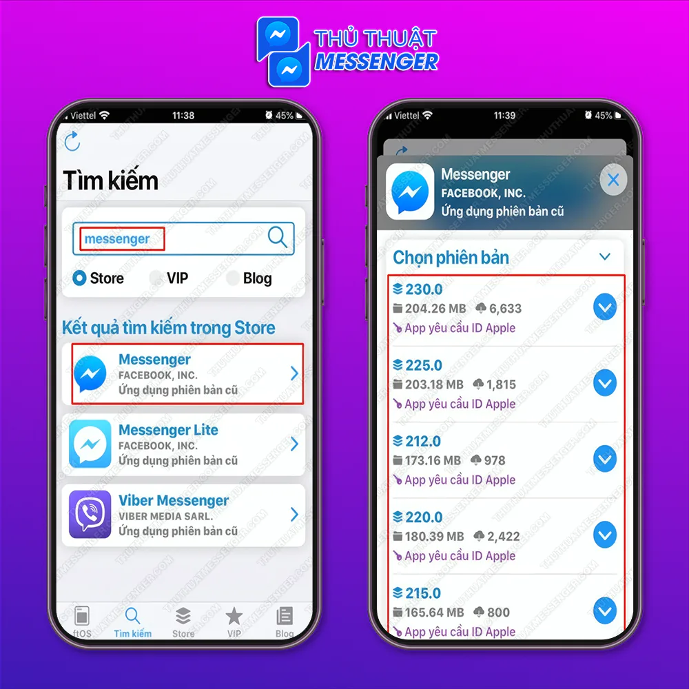 Bước 3: Truy cập ứng dụng, tìm kiếm Messenger > Click vào phiên bản phù hợp.