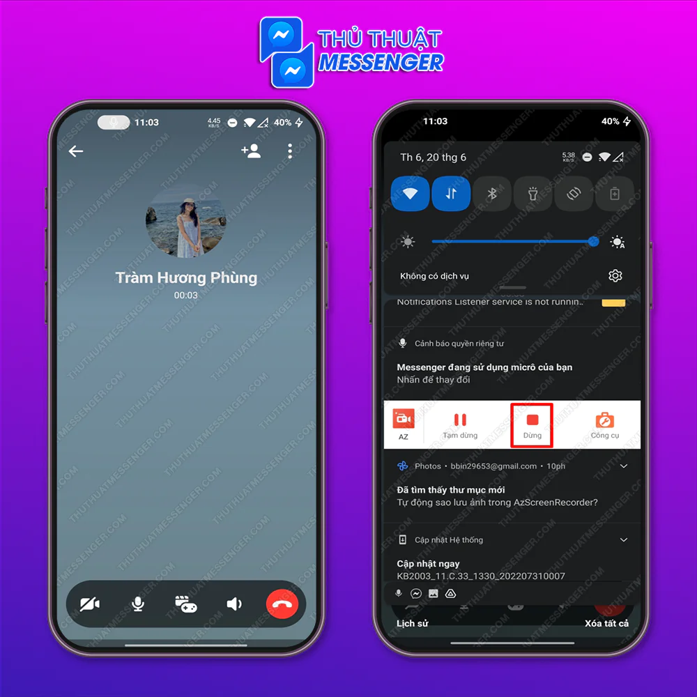 Bước 4: Gọi người bạn muốn ghi âm > Vuốt màn hình xuống dưới > Chọn Dừng.