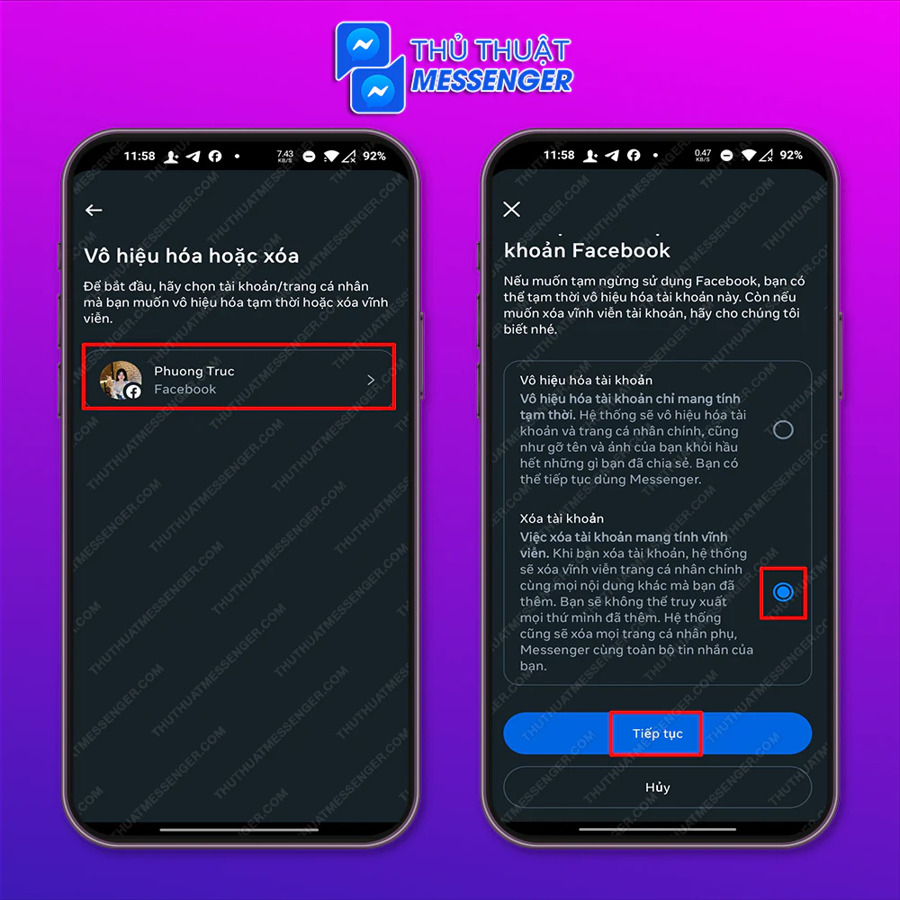Bước 4: Chọn tài khoản muốn xóa > Xóa tài khoản > Tiếp tục.