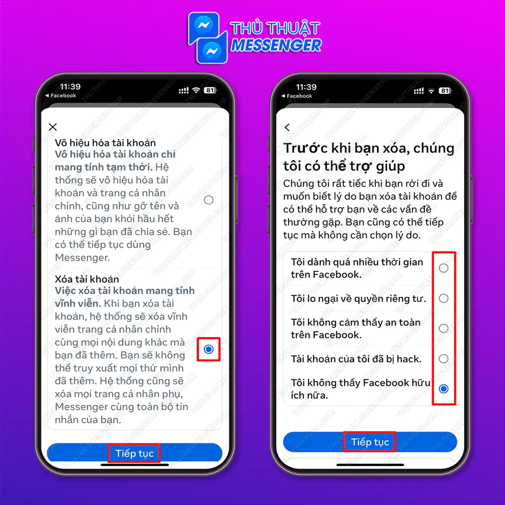 Bước 4: Chọn “Xóa tài khoản” > Chọn “Tiếp tục” > Chọn “Lý do” muốn xóa > Chọn “Tiếp tục”.
