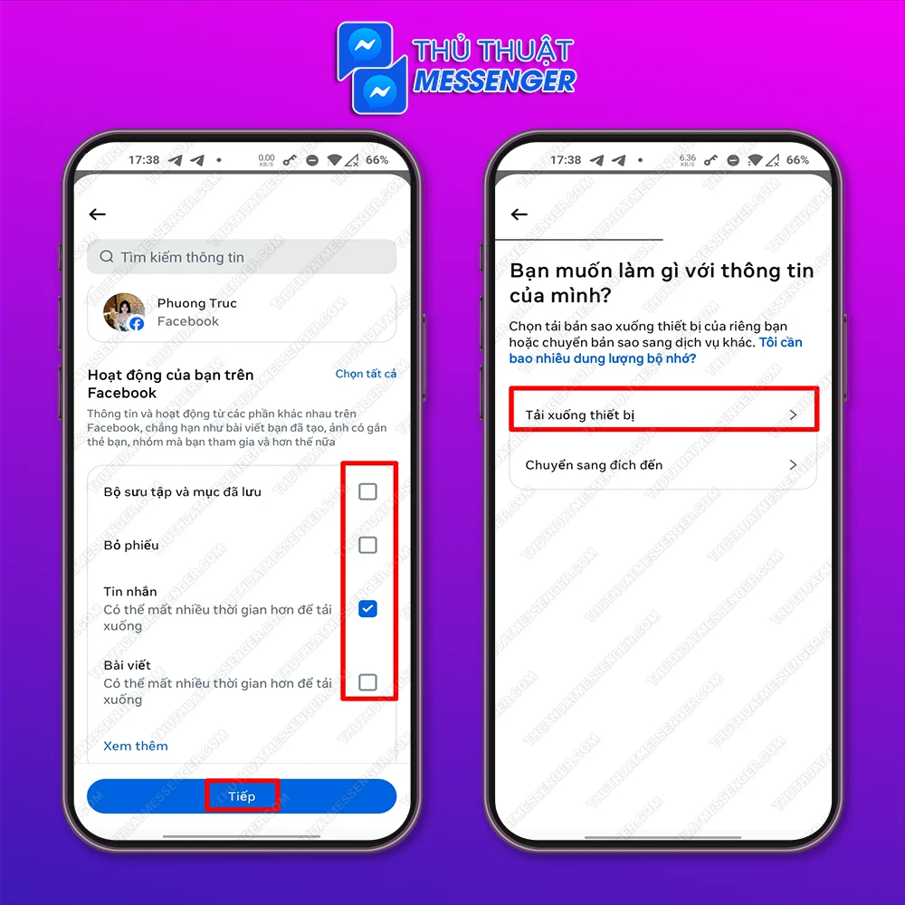 Bước 4: Chọn Tin nhắn & Tiếp > Chọn Tải xuống thiết bị hoặc Chuyển sang đích đến