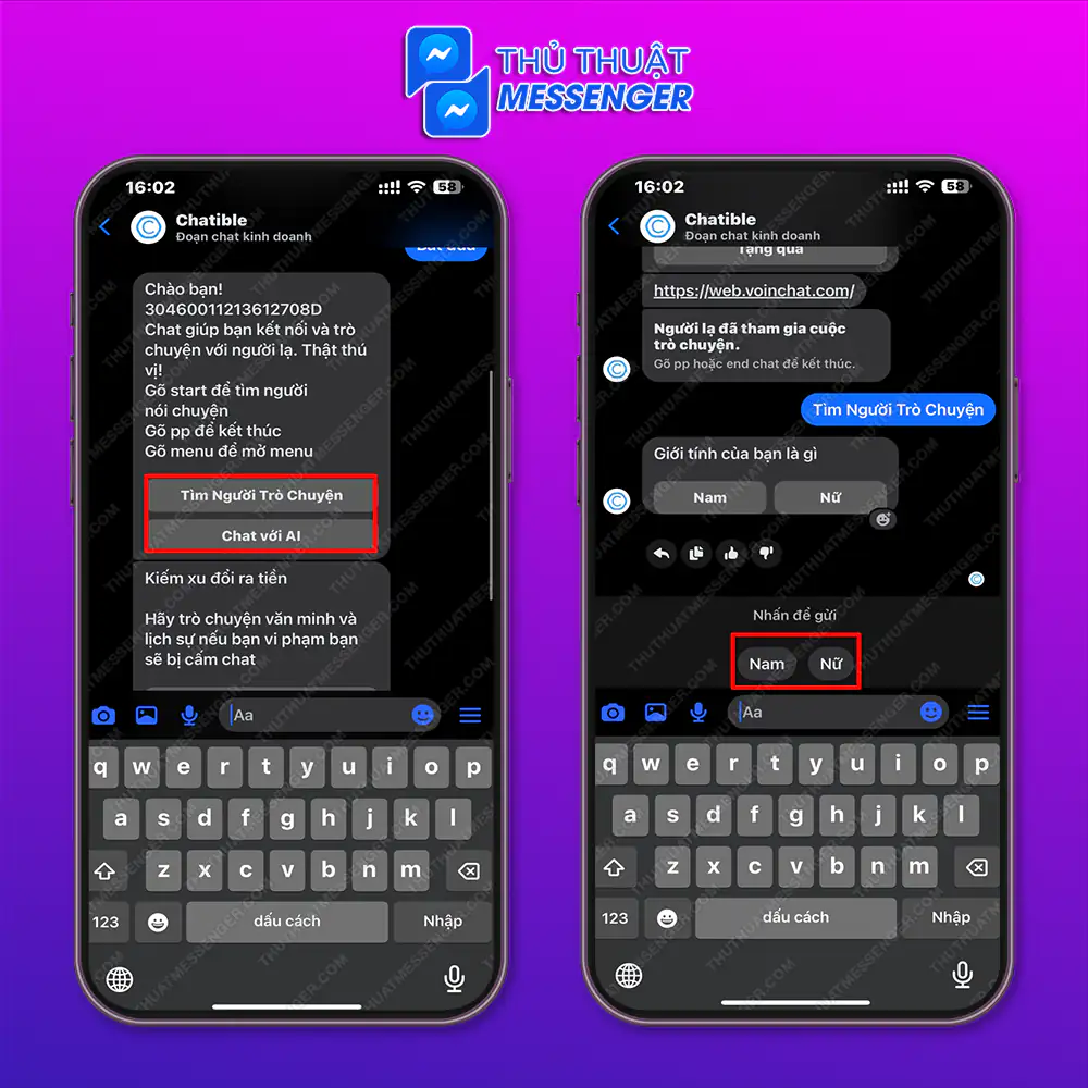 Bước 4: Chọn Tìm Người trò chuyện hoặc Chat với AI > Chọn giới tính của bạn.