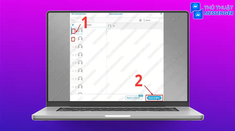 Bước 5: Chọn những tin nhắn bị xoá muốn khôi phục lại (được đánh dấu màu đỏ). Nhấn Recover hoặc Export.