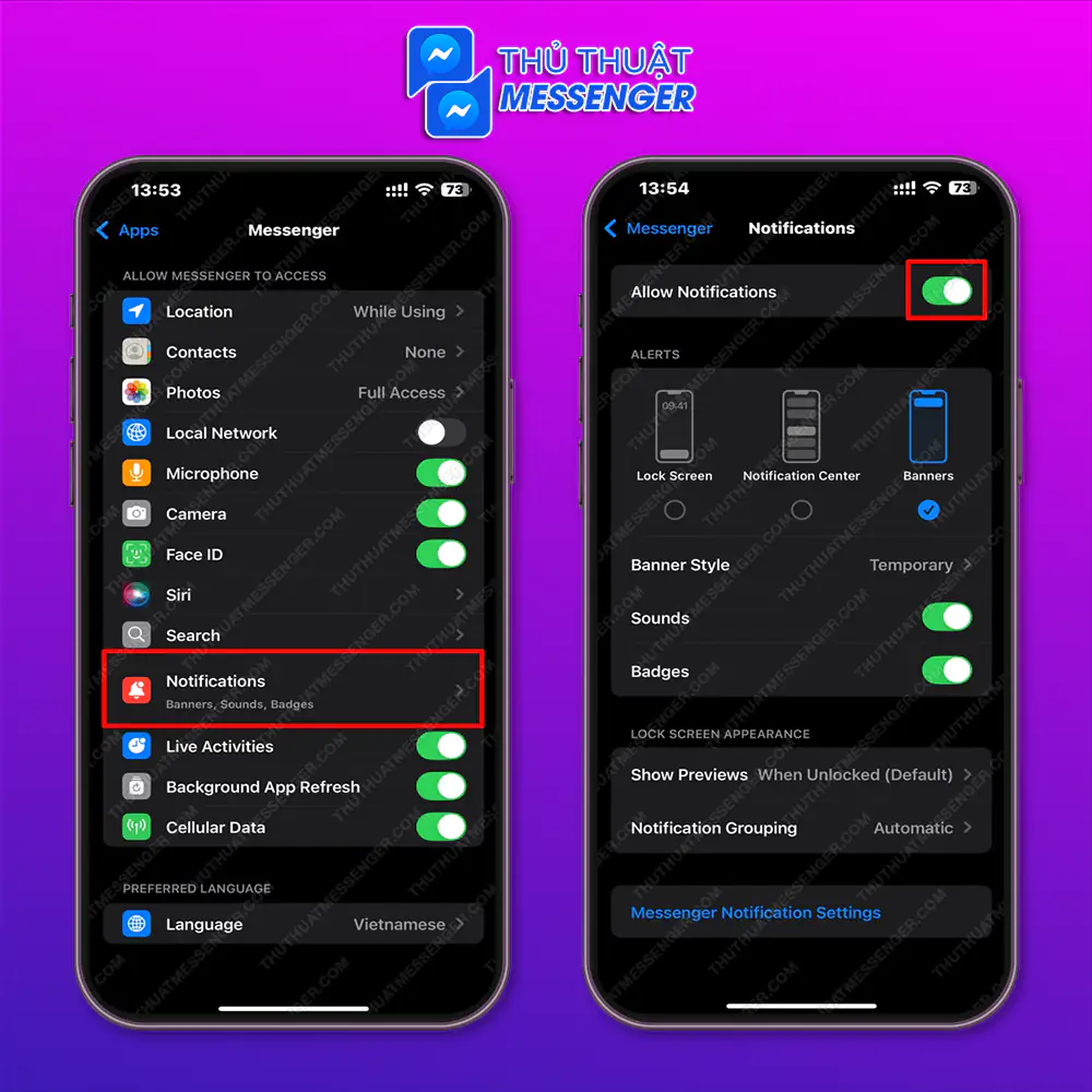 Cách bật thông báo Messenger trên iPhone