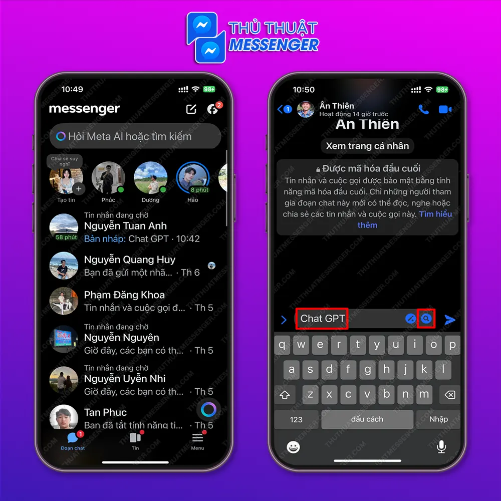 Bước 1: Truy cập messenger > Chọn tài khoản bạn muốn nhắn tin hiệu ứng > Nhập đoạn tin nhắn > Chọn “Biểu tượng kính lúp”.