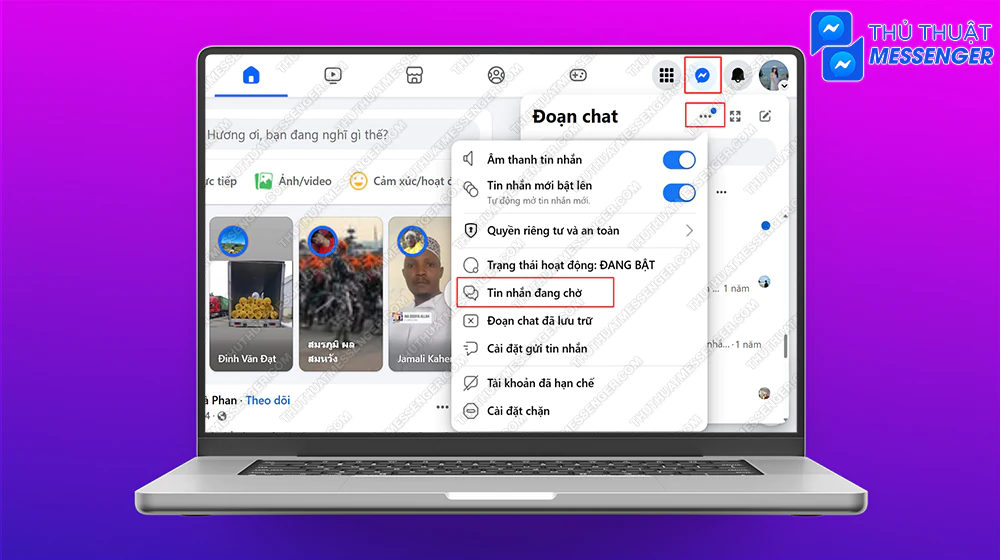 Bước 1: Vào Facebook, chọn mục Tin nhắn > Chọn biểu tượng dấu 3 chấm > Chọn Tin nhắn đang chờ.