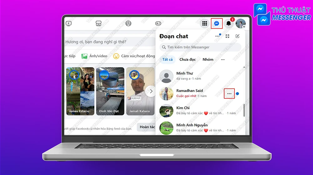 Bước 1: Vào website Messenger, nhấn chọn vào mục Tin nhắn > Chọn vào biểu tượng 3 chấm ở cuộc trò chuyện muốn đánh dấu spam.