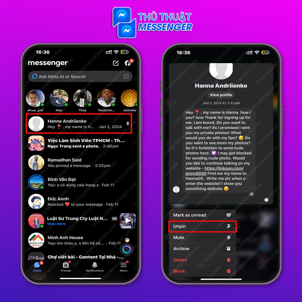 Hướng dẫn gỡ đoạn chat đã ghim bằng điện thoại
