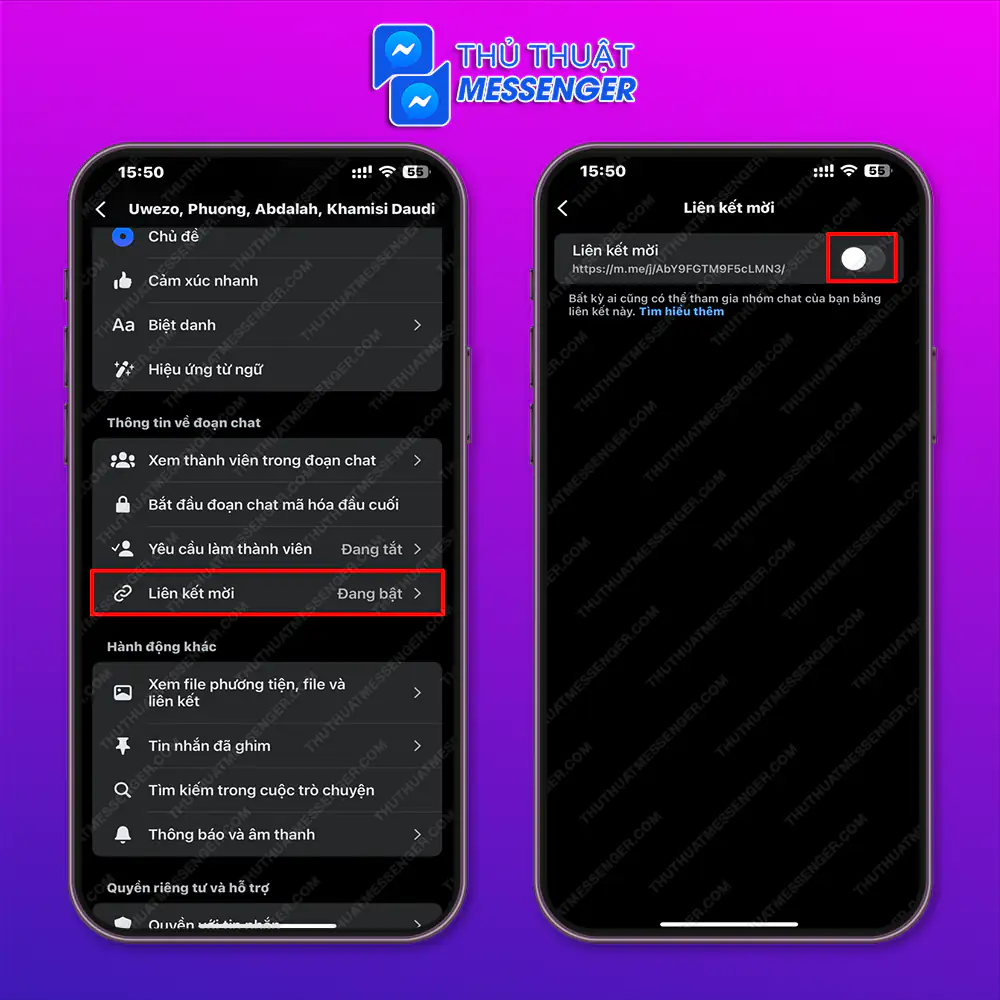 Quá trình vô hiệu hoá URL của nhóm chat Mess