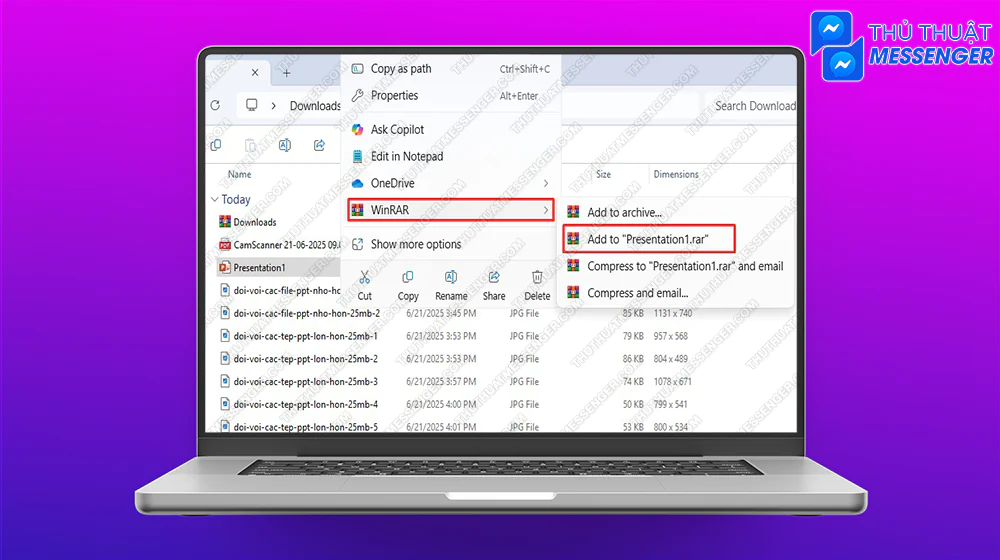 Bước 1: Chọn vào file PPT và nháy chuột phải > Chọn WinRAR > Add to “tên file.rar”.