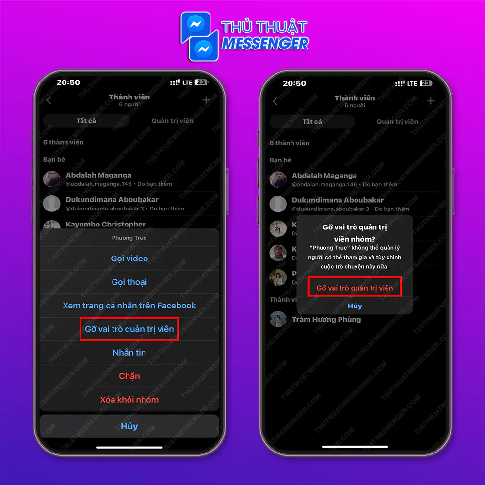Thao tác gỡ quyền quản trị của ai đó trong group Mess