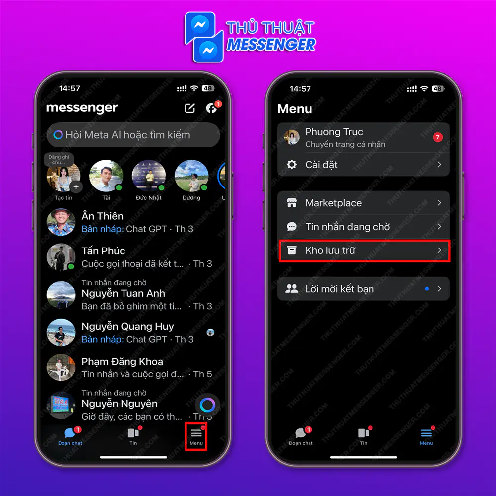 Tìm kiếm trong mục Kho lưu trữ của Messenger