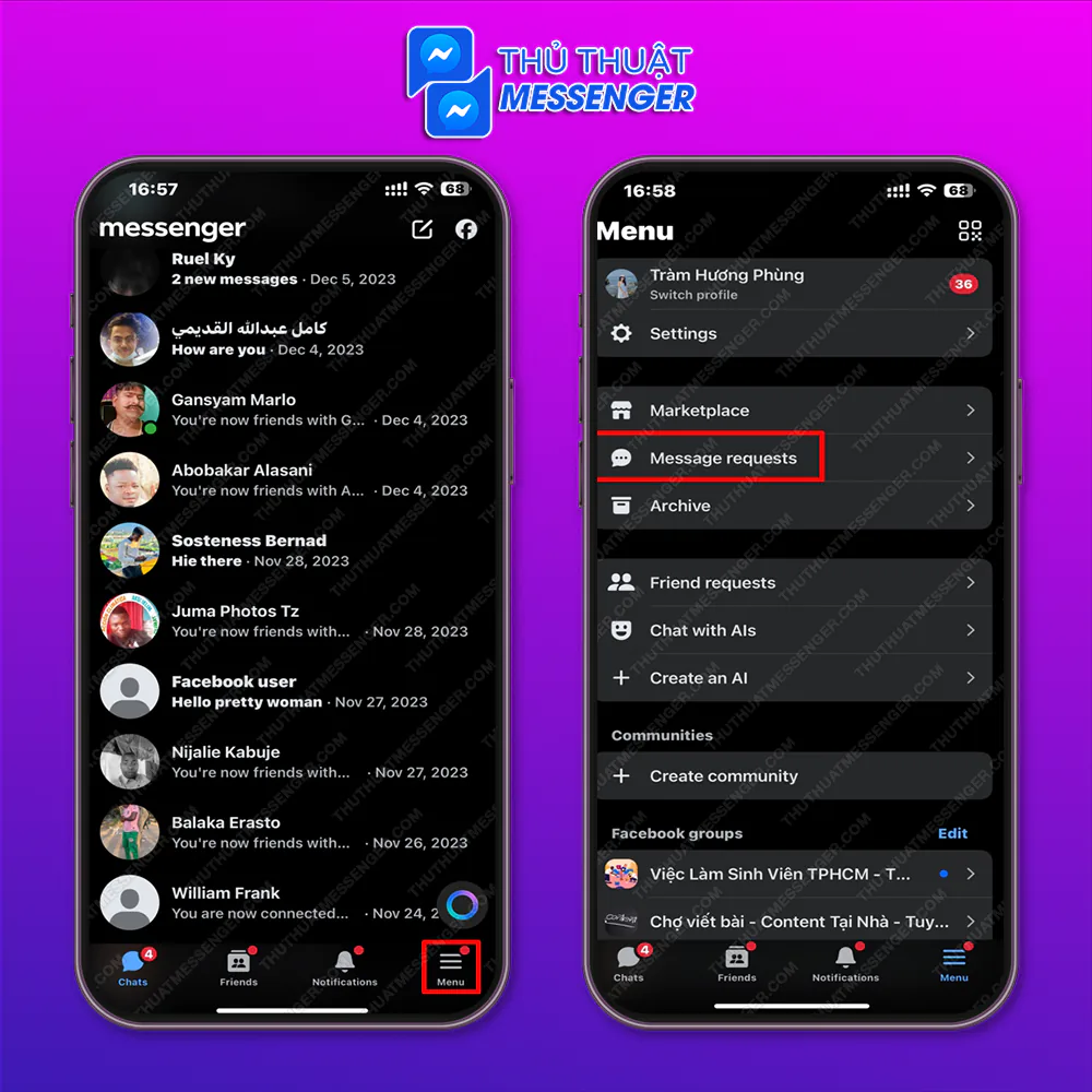 Bước 1: Truy cập vào ứng dụng, chọn biểu tượng 3 dấu gạch ngang > Chọn Tin nhắn chờ (Messenger Request).